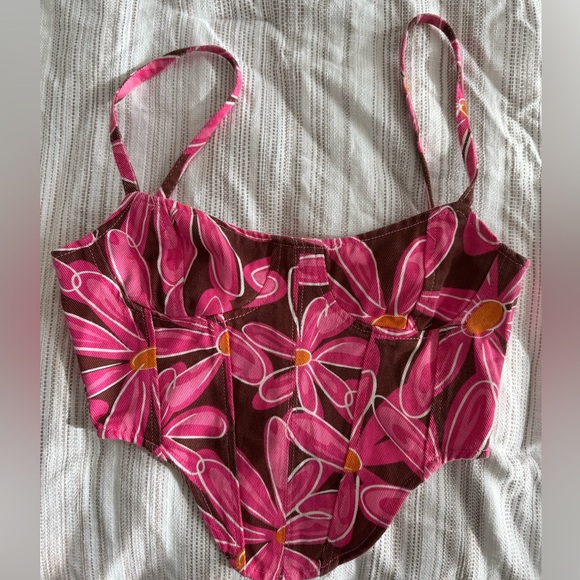 NWT Denim Corset Floral Print Dipped Hem - Picture 6 of 9